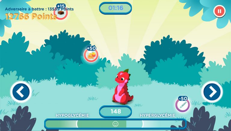 Diapo 4 : Image d'un jeu de l'application Glucozor où le dinosaure doit attraper de l'insuline