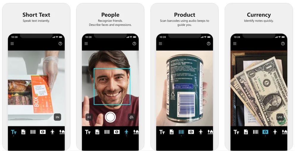 Diapo 4 : Image de l'application Seeing AI montrant qu'elle peut reconnaitre les visages, lire les textes courts, les produits et l'argent