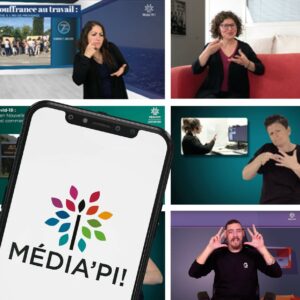 Image du logo Média’pi sur un smartphone avec derrière des photos d’interprètes en langue des signes