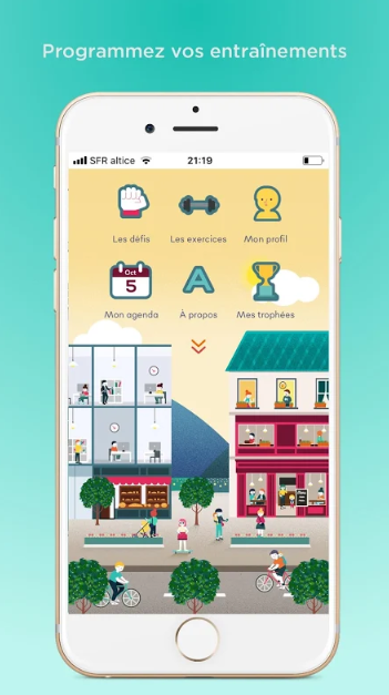 Diapo 4 : l'application Alix et moi sur un téléphone montrant les  entraînements