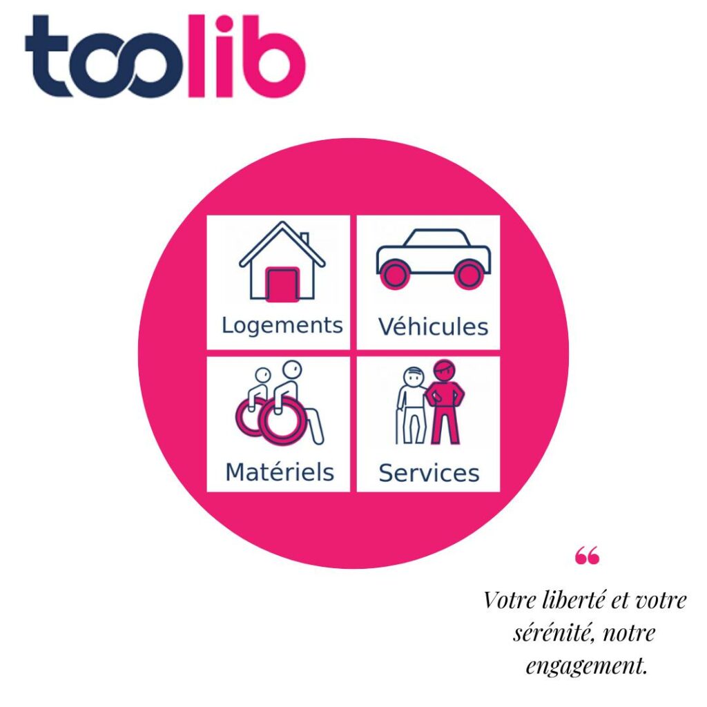 Diapo 5 : Image avec 4 pictogrammes où il y a écrit en-dessous 'logements, véhicules, matériels, services), et une phrase : 'Votre liberté et votre sérénité, notre engagement'