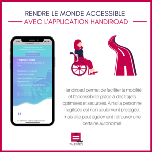 Image de l’application Handiroad dans un smartphone, avec une description de l’application à côté