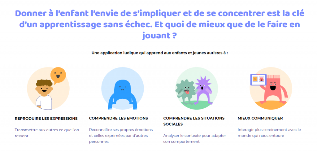 Diapo 3 : capture d'écran du site d'Emoface expliquant les possibilités de l'application : reproduire les expressions, comprendre les émotions, comprendre les situation sociales et mieux communiquer = ce sont les objectifs de l'application