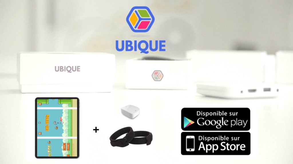 Diapo 2 : image qui montre un des jeux de ubikid et les bracelets connectés de ubikid, ainsi que l'endroit où on peut les télécharger