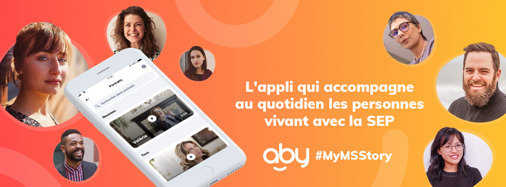 Diapo 2 : grande image avec un fond orange sur lequel il y a des visages et l'application Aby sur un smartphone