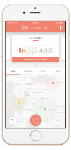 Diapo 3 : Image d'un smartphone représentant l'une des fonctionnalité de Connect'Inh qui recense le nombre de crise et où elles ont eu lieu