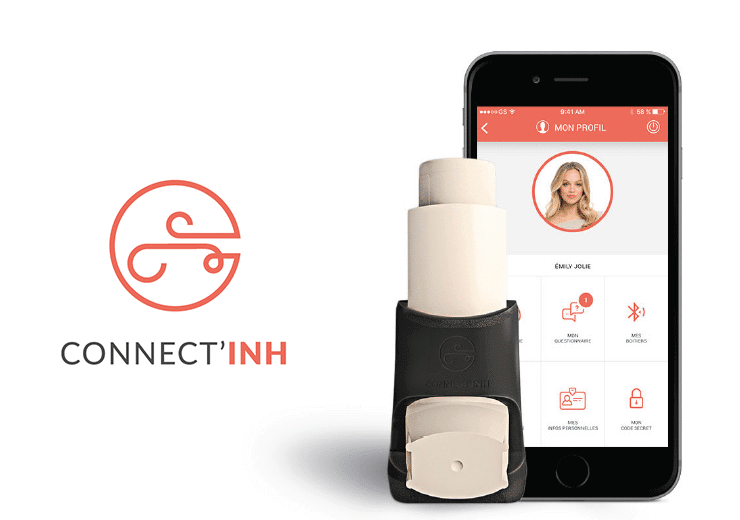 Diapo 4 : Image du dispositif Connect'Inh accouplé à l'application sur un smartphone