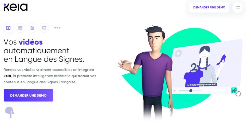 Diapo 4 : Page d'accueil du site internet avec écrit : 'vos vidéos automatiquement en Langue des Signes. Rendez vos vidéos vraiment accessibles en intégrant Keia, la première intelligence artificielle qui traduit vos contenus en Langue des Signes Française'