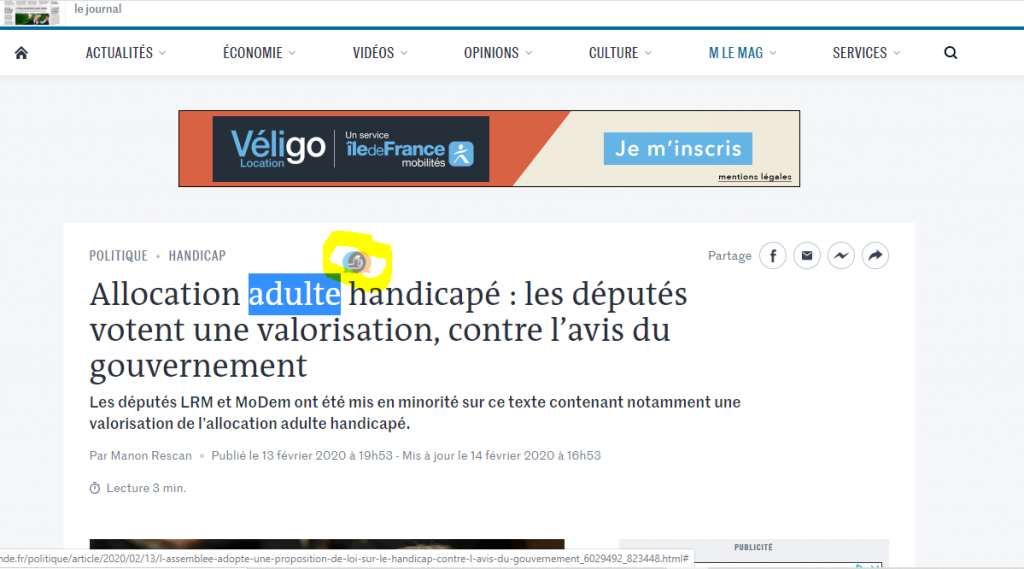 Diapo 2 : Exemple d'utilisation de Bulle Elix sur un article du Monde, le mot surligné est adulte et on peut voir la petite bulle