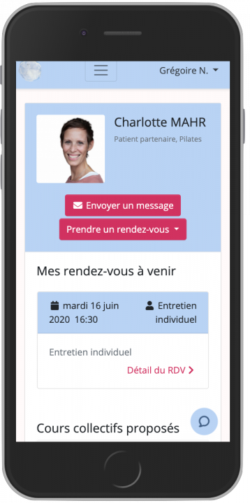 Diapo 5 : Image de l'application MyCharlotte sur un smartphone montrant le procédé de prise de rendez-vous