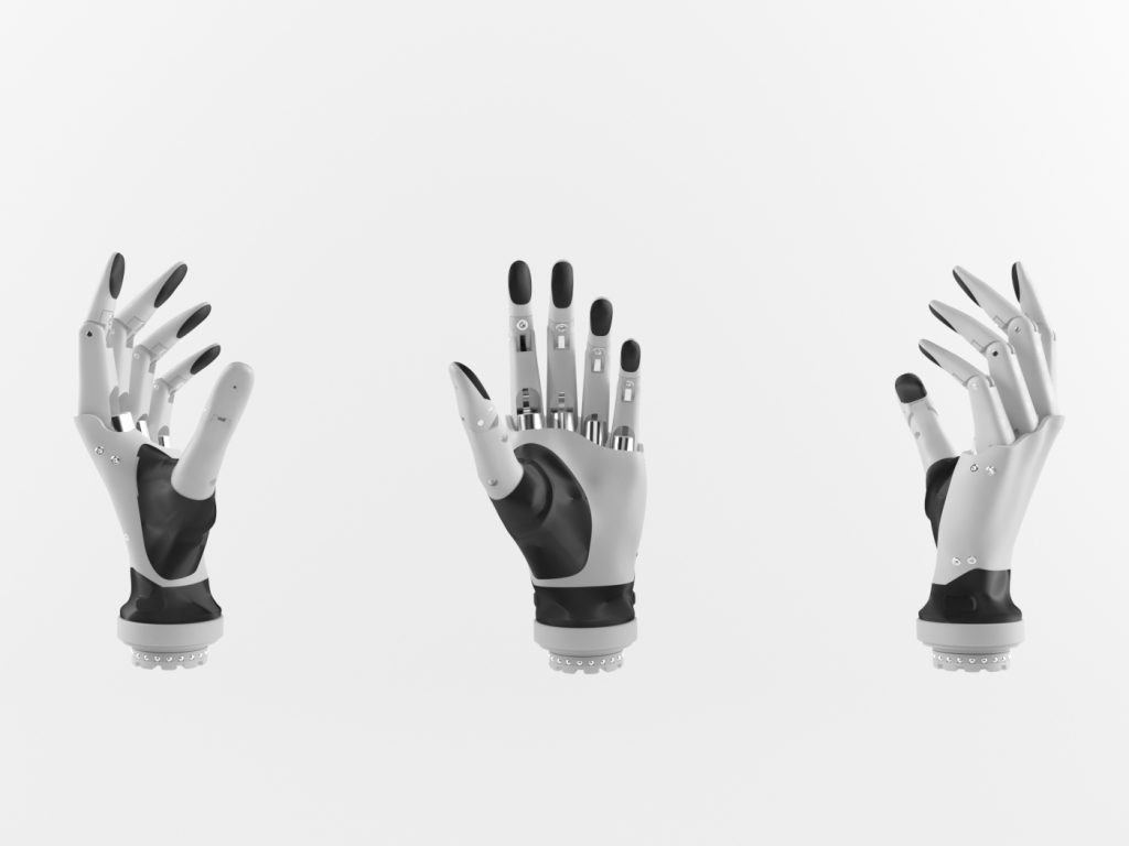 Diapo 2 : Trois vues différentes de la main Esper Bionics avec un fond bland