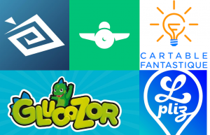 Les 5 logos des applications présentées dans l'article dans l'ordre : Be My Eyes, Rogervoice, Le Cartable Fantastique, Glucozor et Lpliz