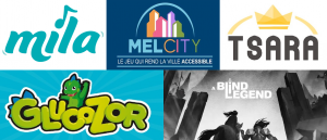 Image contenant les 5 logos des jeux présentés dans l'article : Mila, Mel City, Tsara, Glucozor et A Blind Legend