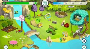 Image du jeu Glucozor où on découvre le village du dinosaure avec toutes les activités disponibles