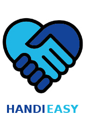 Logo de Handieasy : deux mains qui se serrent formant un coeur avec un bleu clair et un plus foncé