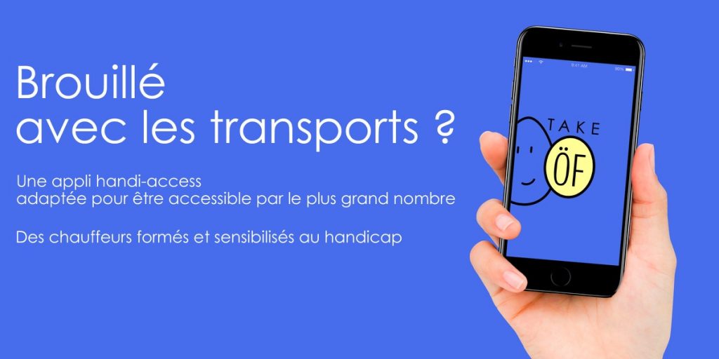 Diapo 3 : Image avec comme titre 'brouillé avec les transports' et un smartphone avec le logo de take of