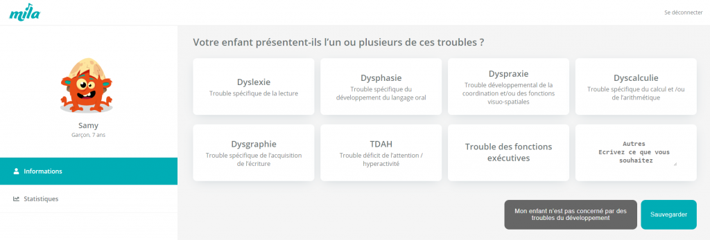 Diapo 3 : Capture d'écran de la première étape de l'inscription où l'on crée le profil de l'enfant et l'on sélectionne quels troubles DYS ou non