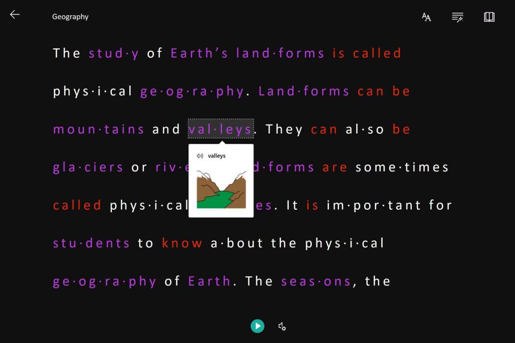 Diapo 4 : Exemple de l'immersive reader en anglais avec le mot valley qui veut dire vallée illustré par le dessin d'une vallée pour faciliter la compréhension