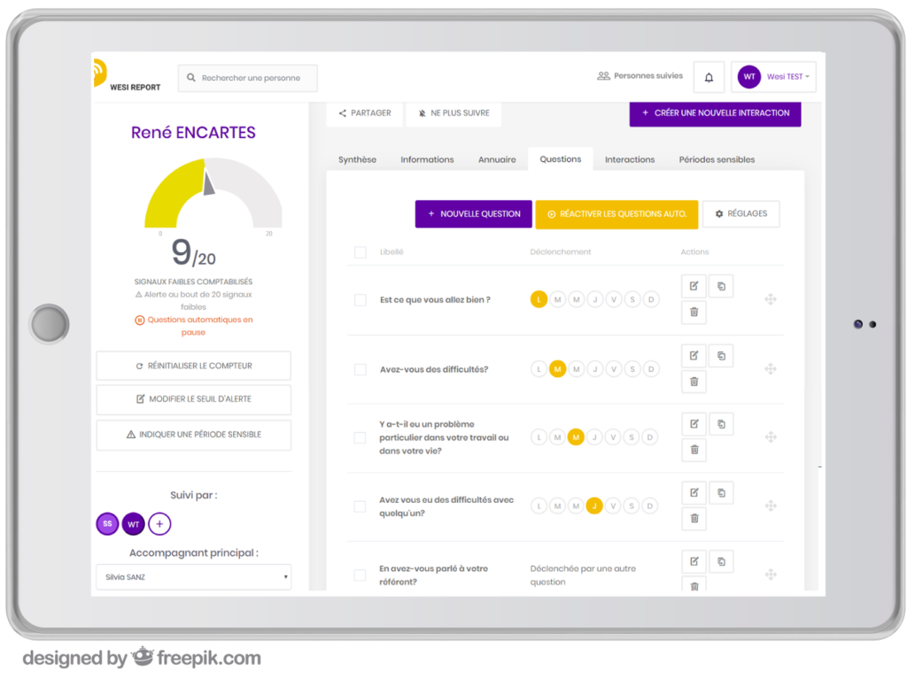 Diapo 4 : Image du site Wesireport sur une tablette montrant le suivi d'une personne