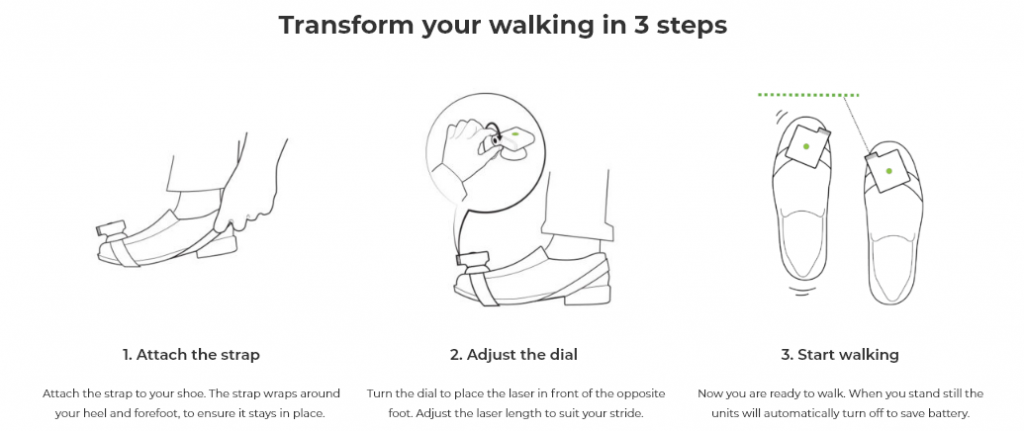 Diapo 3 : Les trois étapes pour utiliser le path finder : placer sur les chaussures, calibrer les lasers et commencer à marcher