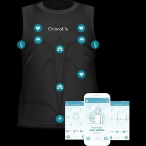 Le Tshirt  avec où sont positionnés les capteurs ainsi que des captures d’écran de smartphone de l’application