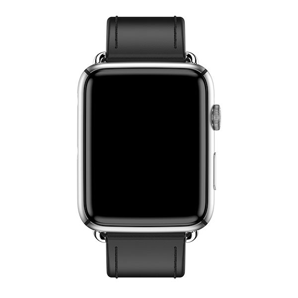 Diapo 2 : La montre M-Line vu de face tout en noir avec l'écran en forme rectangulaire noire