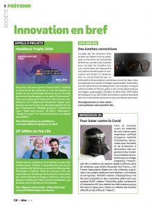 Page du magazine être avec lexilens, l'impression 3D, le handitech tropy et la 23ème édition du Fablife d'handicap international