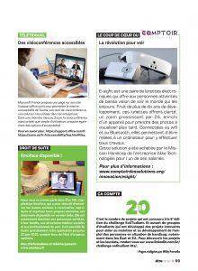 Page du magazine être avec Esight, Emoface et un petit article sur l'accessibilité du logiciel de Teams de Microsoft