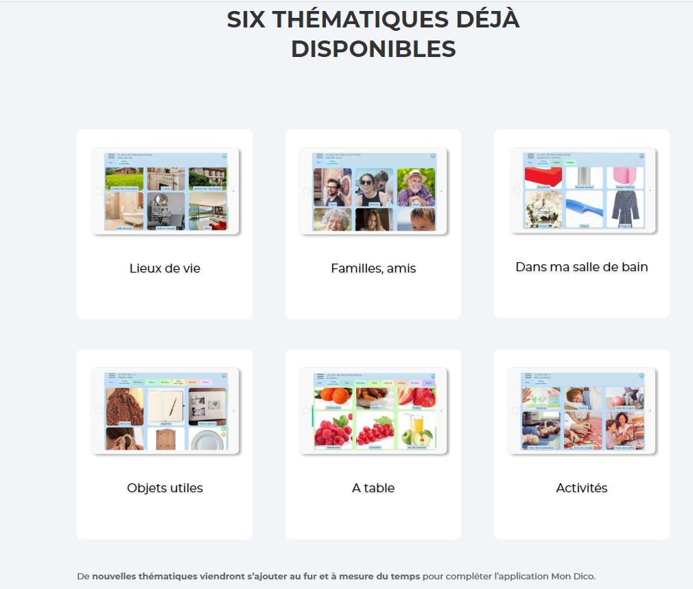Diapo 3 : Les 6 thématiques - Lieux de vie - Familles, amis - Dans ma salle de bain - Objets utiles - A table - Activités