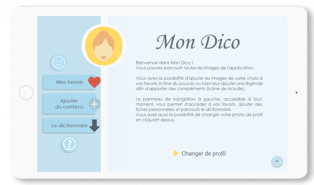 Diapo 2 : Menu d'accueil de l'application Mon Dico sur tablettes