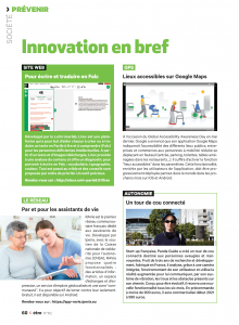 Page 60 du magazine être "Innovation en bref", on y retrouve notamment, Leric pour la traduction en falc, les lieux accessibles de google maps, , le tour de cou de panda guide