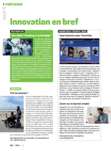 Page innovation du magazine être, on y retrouve les lauréats du Handitech Trophy, la chaire handicap et technologie de l'université paris saclay et la roue tripway