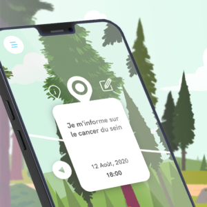 Image de l’application Wikiboop avec marqué dessus « Je m’informe sur le cancer du sein » et la date ainsi que l’heure en-dessous