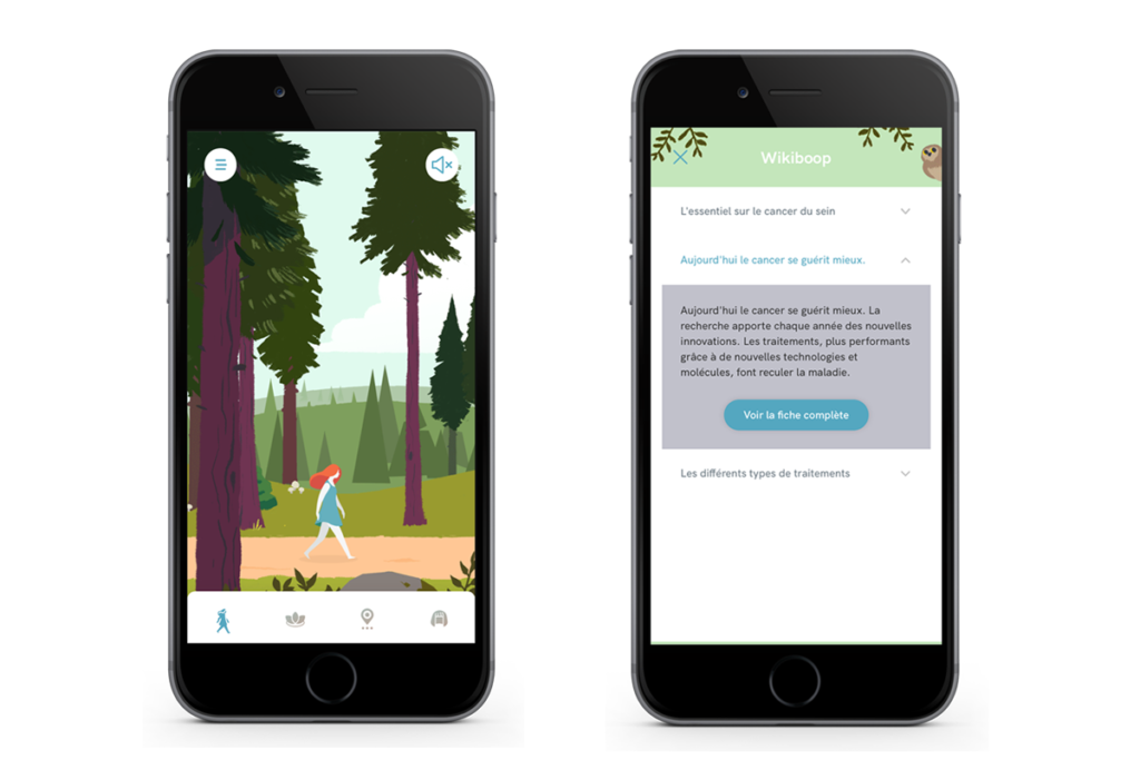 Diapo 4 : Image de l'application Wikiboop avec sur l'un des smartphones des informations sur le cancer du sein