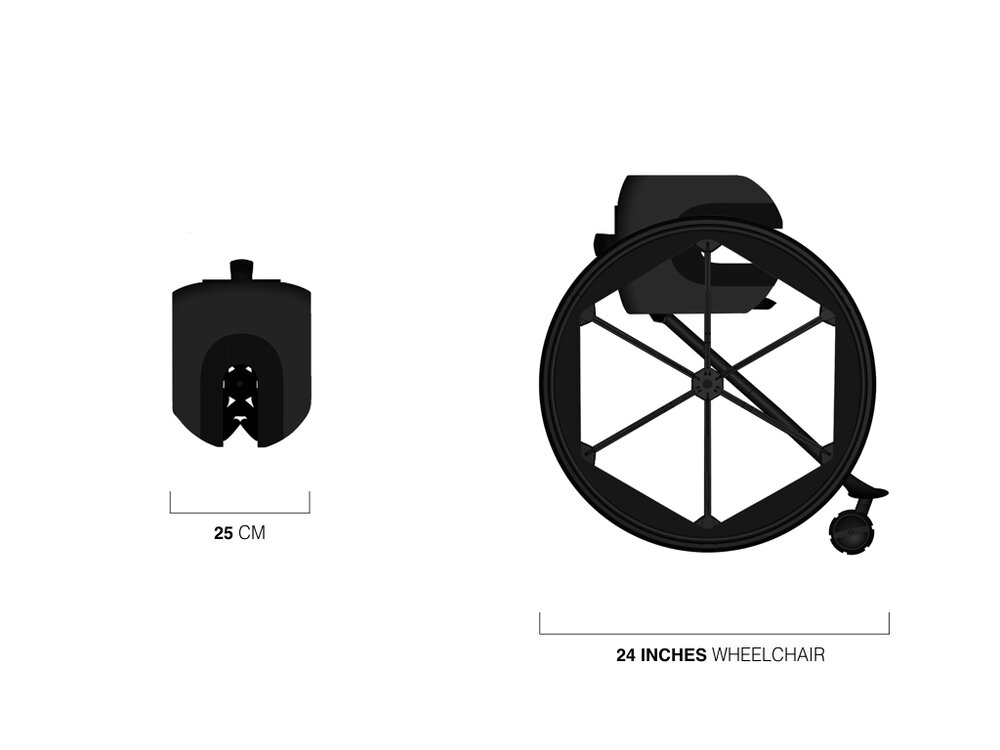 Diapo 4 : À gauche le fauteuil roulant plié mesurant 25cm, à droite le fauteuil roulant ouvert de 66,5 cm de diamètre